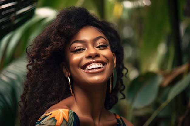 A woman with long curly hair smiles in a tropical setting.