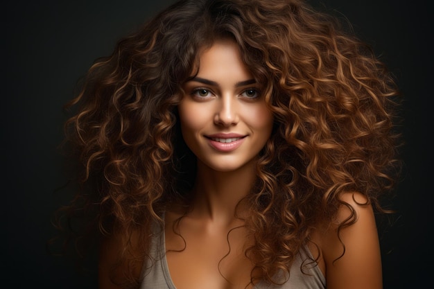 Woman with long curly hair smiling for the camera with smile on her face Generative AI