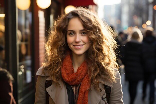 a woman with long curly hair standing on a city street