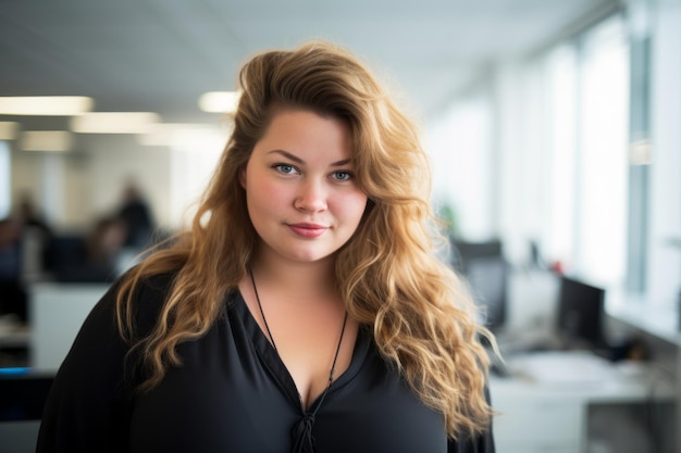 a woman with long curly hair standing in an office