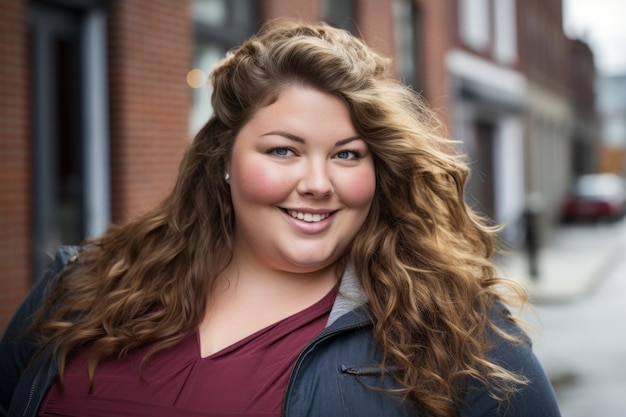 a woman with long curly hair standing on the street