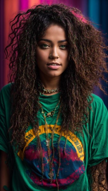 Photo a woman with long curly hair wearing a green shirt