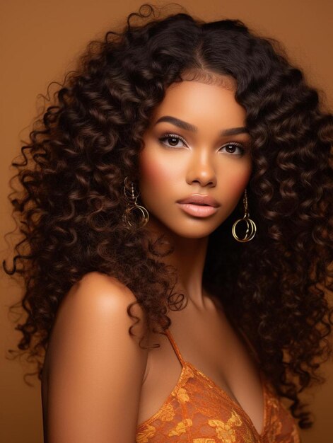 Photo a woman with long curly hair and a yellow dress