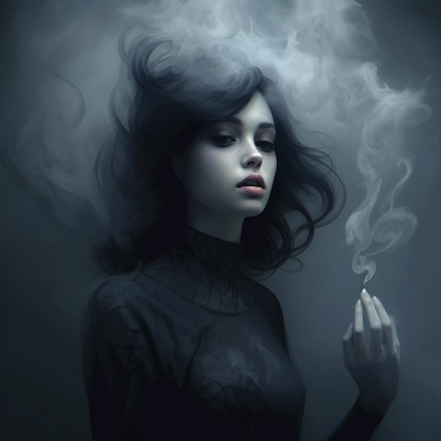 a woman with long dark hair and a black dress is smoking a cigarette