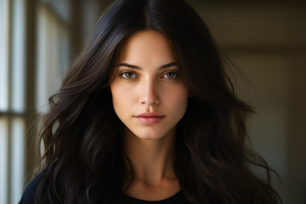 Woman with long dark hair and black shirt