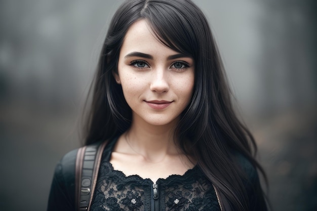 A woman with long dark hair and a black top stands in a park.