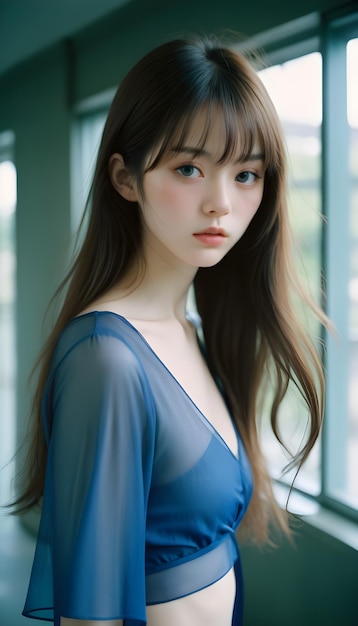 A woman with long dark hair and blue top stands against a white background