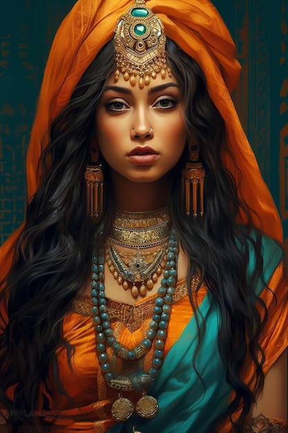 長い黒髪、明るいオレンジ色のサリーを着て、青いスカーフと金の宝石を身に着けた女性。