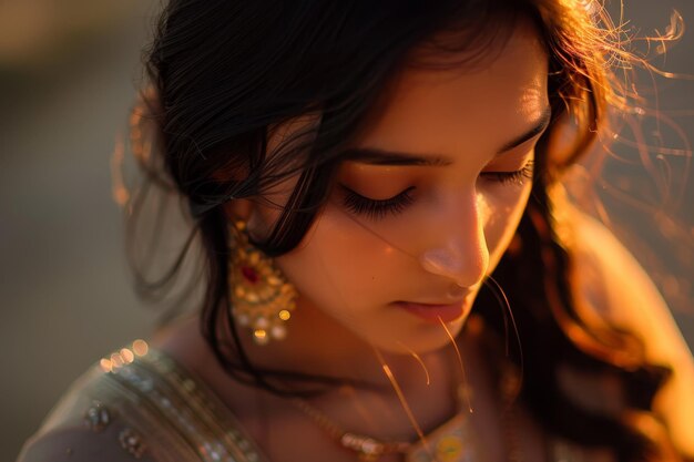 A woman with long dark hair and gold earrings is looking at the camera