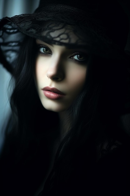 a woman with long dark hair and a hat with a black hat on it.