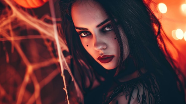a woman with long dark hair and a red light behind her
