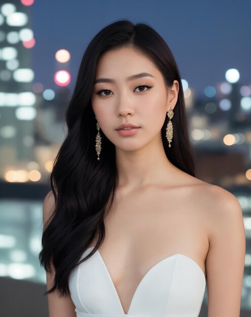 A woman with long dark hair stands in front of a cityscape.