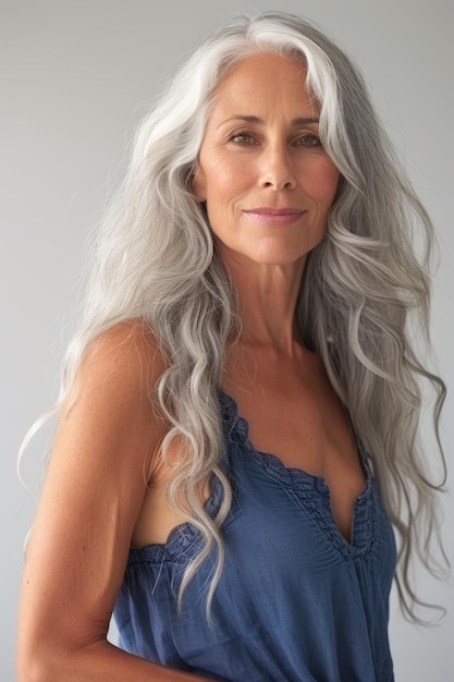 A woman with long gray hair posing for the camera