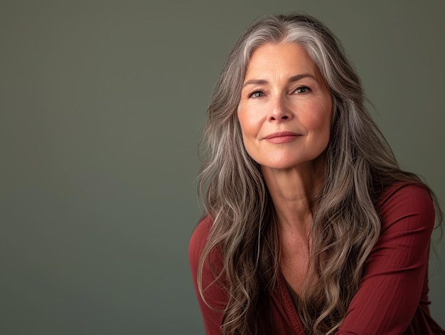 A woman with long gray hair posing for the camera