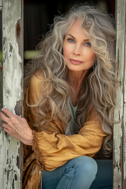 Photo a woman with long gray hair sitting in an old wooden door