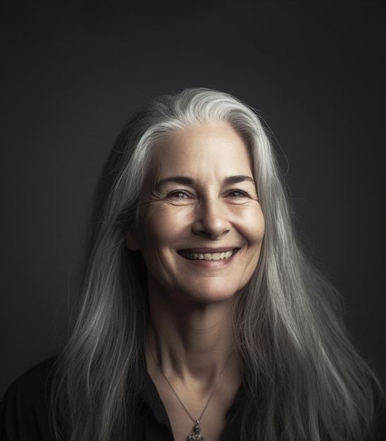 A woman with long gray hair and a smile