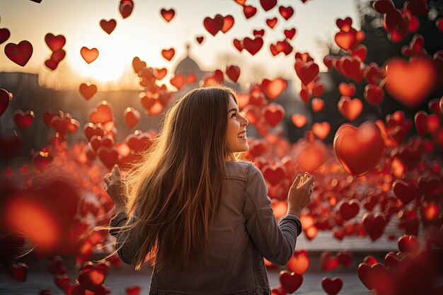 A woman with long hair in the air surrounded by many red heart shaped balloons that are flying around her