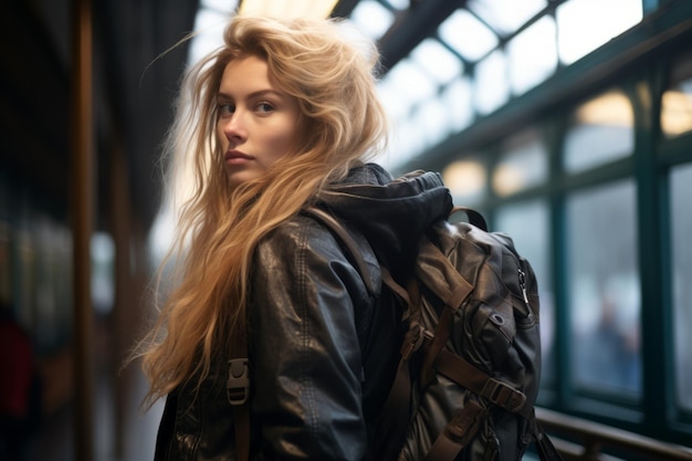 a woman with long hair and a backpack standing in a train station