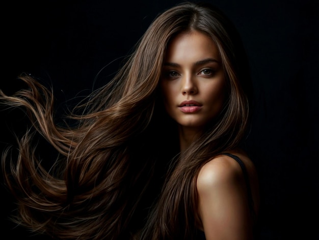 a woman with long hair and a black background