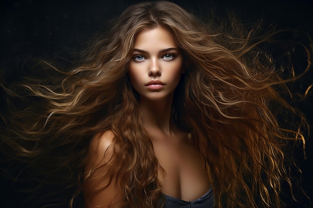 A woman with long hair and a black background