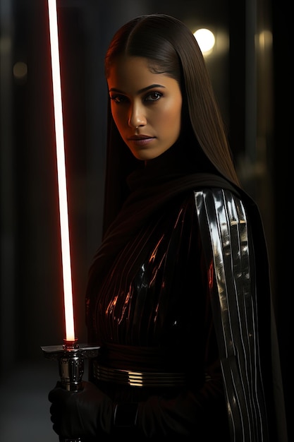 Photo a woman with long hair and a black cape is standing in front of a light