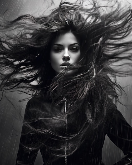 a woman with long hair and a black jacket with a long hair blowing in the wind.