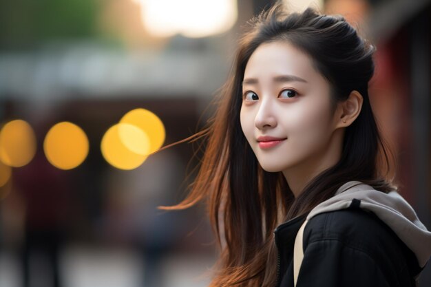 a woman with long hair and a black jacket