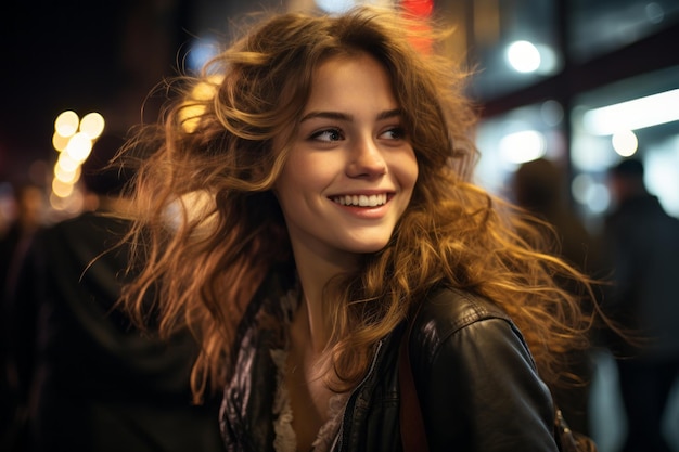 a woman with long hair and a black jacket