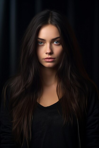 Photo a woman with long hair and a black shirt is posing in front of a black background.