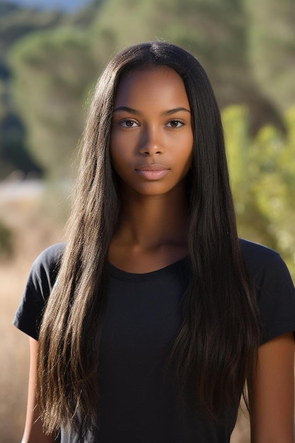 a woman with long hair and a black shirt is posing with a bushy tree in the background