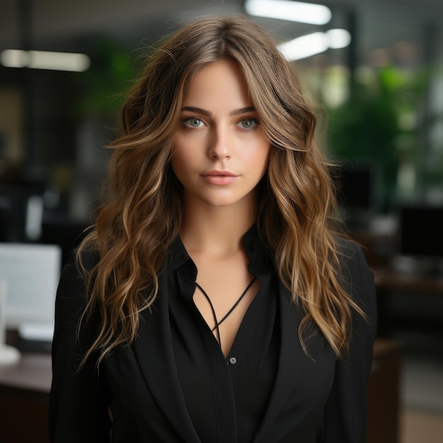 a woman with long hair and a black shirt is standing in front of a monitor.