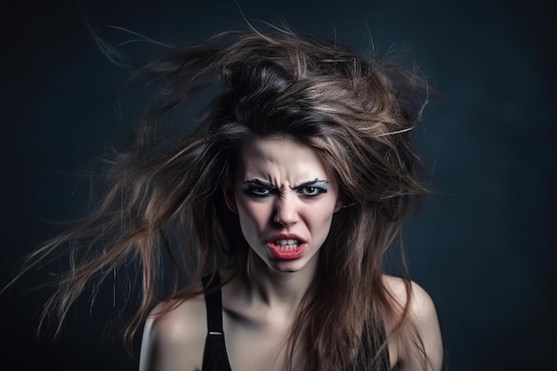 A woman with long hair and a black tank top with a red lipstick on her face.