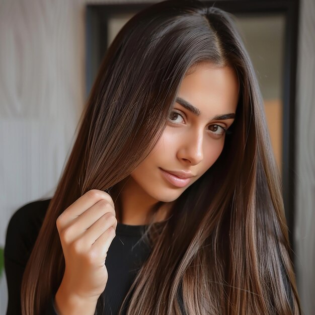 Photo a woman with long hair and a black top is posing for a photo