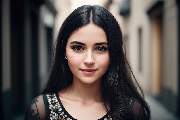 A woman with long hair and a black top stands in an alley.