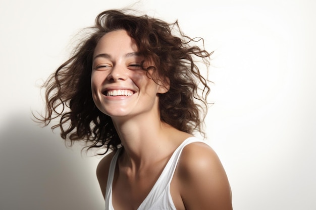 A woman with long hair blowing in the wind.