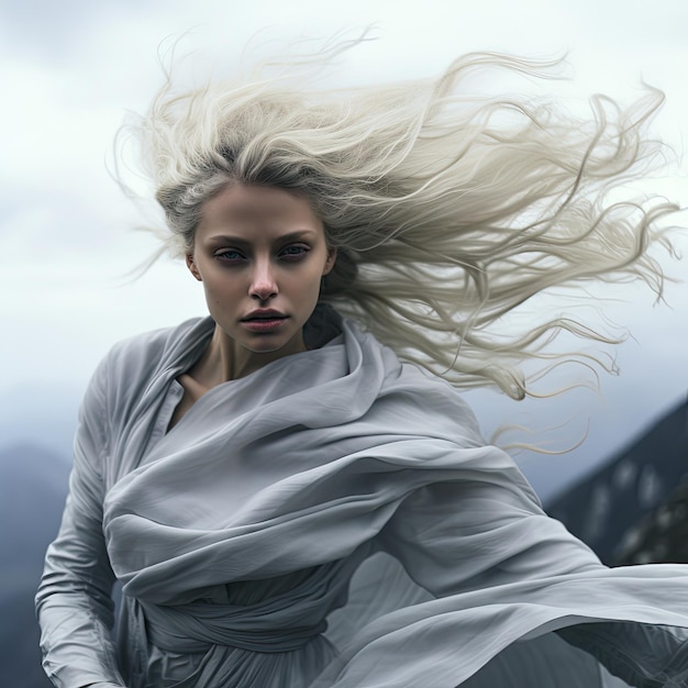 Photo a woman with long hair blowing in the wind