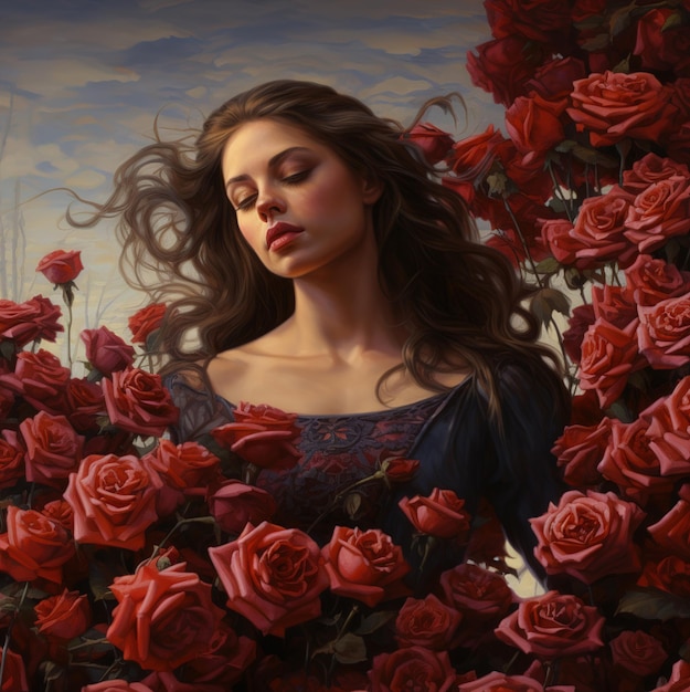 a woman with long hair and a blue dress is surrounded by red roses.