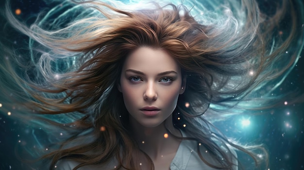 A woman with long hair and a blue eyes floats in a water with a blue background.