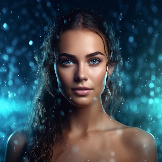 a woman with long hair and blue eyes stands in front of a blue background.