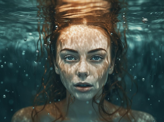 a woman with long hair and a blue eyes stands in the water with a reflection of a woman.