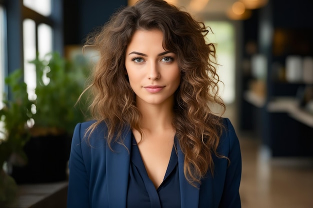 Woman with long hair and blue jacket is posing for picture Generative AI