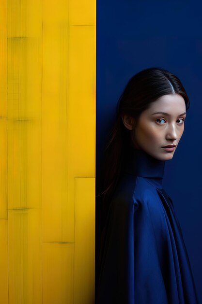 a woman with long hair and a blue jacket stands in front of a yellow wall.