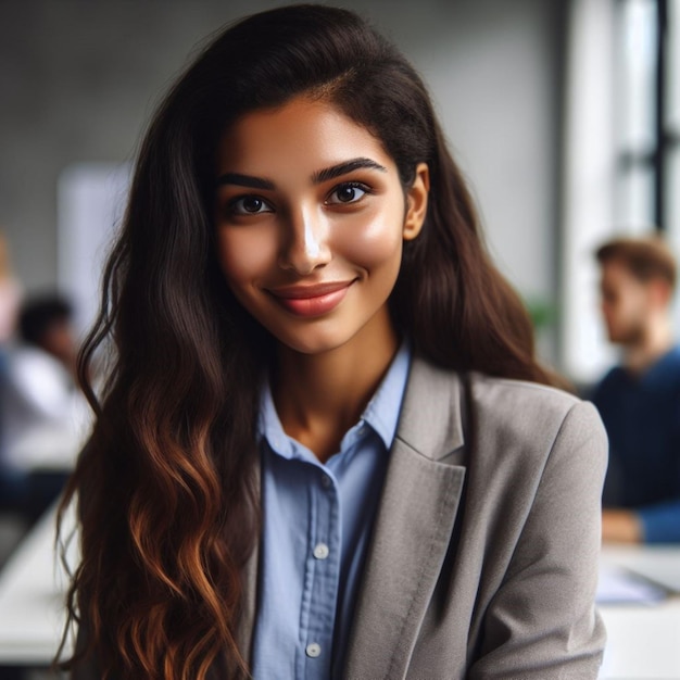 Foto una donna con i capelli lunghi e una camicia blu con un sorriso sul viso