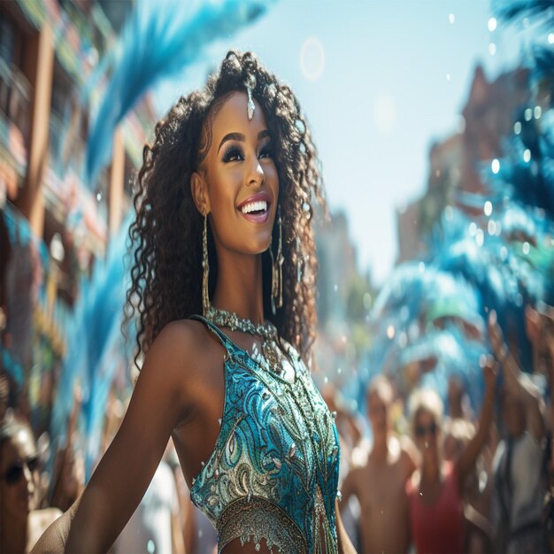 Photo a woman with long hair and a blue top is smiling