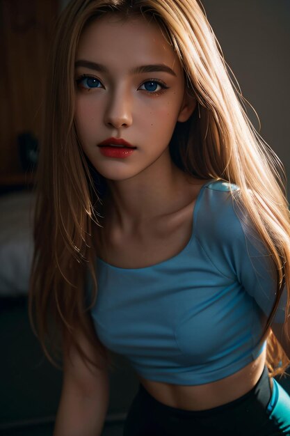 a woman with long hair and a blue top