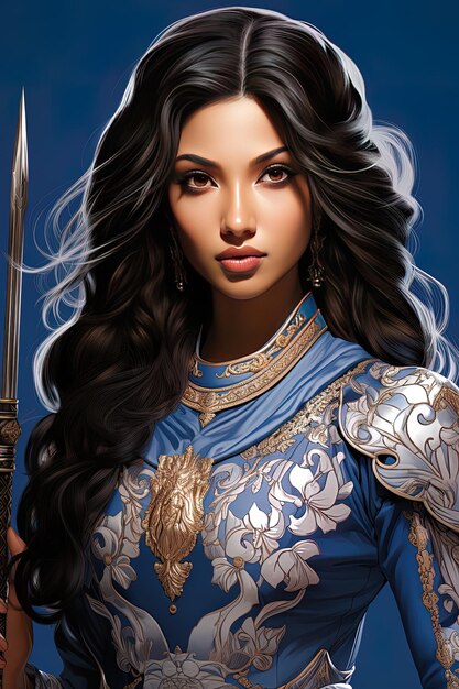 Photo a woman with long hair and a blue and white dress with a sword