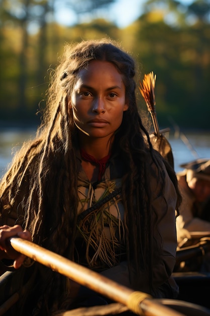 Photo a woman with long hair and a bow and arrow