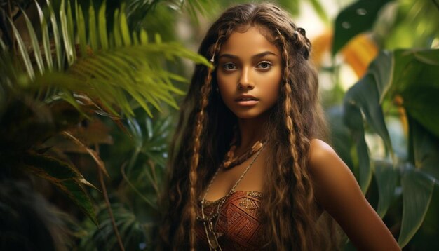 Photo a woman with long hair and a braid in her hair