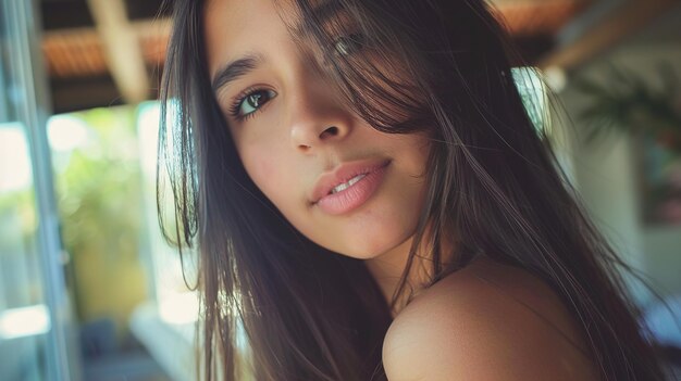 a woman with long hair and a brown eye