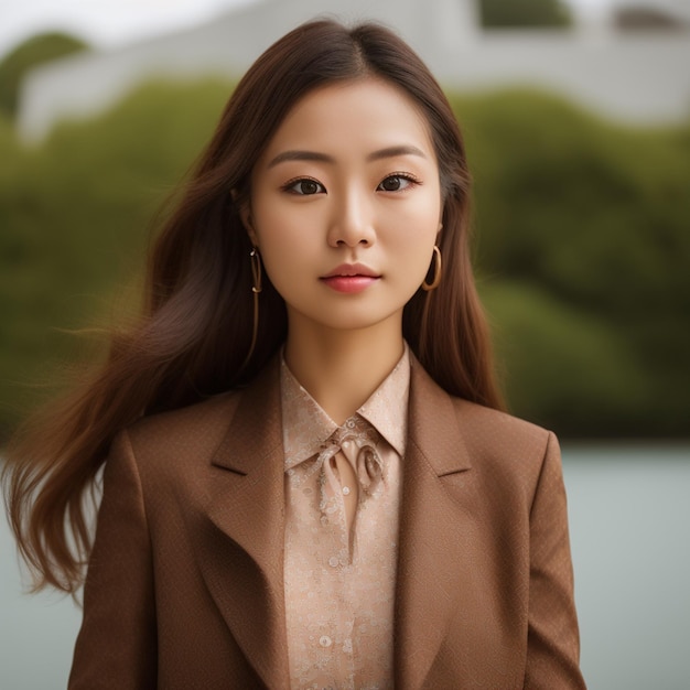 Photo a woman with long hair and a brown jacket is standing in front of a lake.